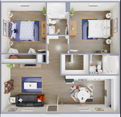 A top-down view of a modern apartment with a kitchen, living room, and bedrooms.